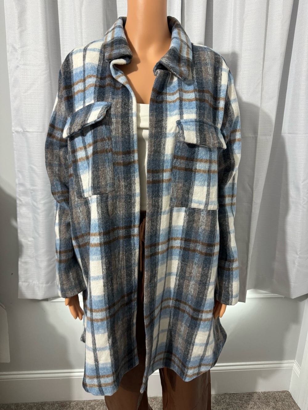 Cool Melloday size L blue gray plaid flannel open front midi jacket coat great